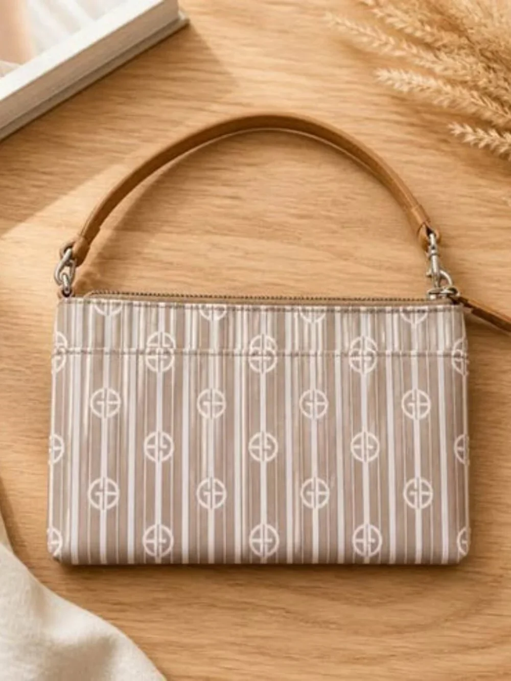 Women's Mini Handbag Beige Monogram Print Top Handle Purse